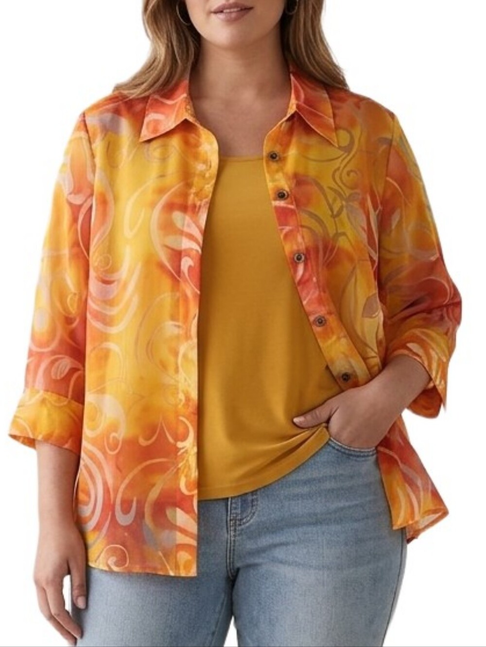 NOTATIONS Semi Sheer Orange Yellow Shirt & Worthington Shell XL